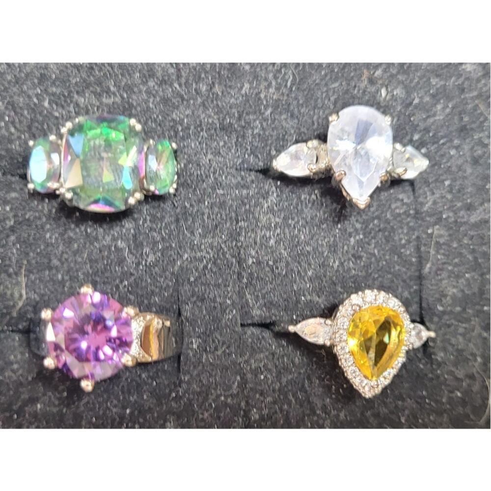 Womens Ring Lot Size 7.5 7.25 Statement Cocktail Crystal Purple Yellow Green